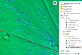Figure 1. Farm dam with LiDAR (Light Detection and Ranging) DEM, drainage lines, flow direction and sub-catchments.