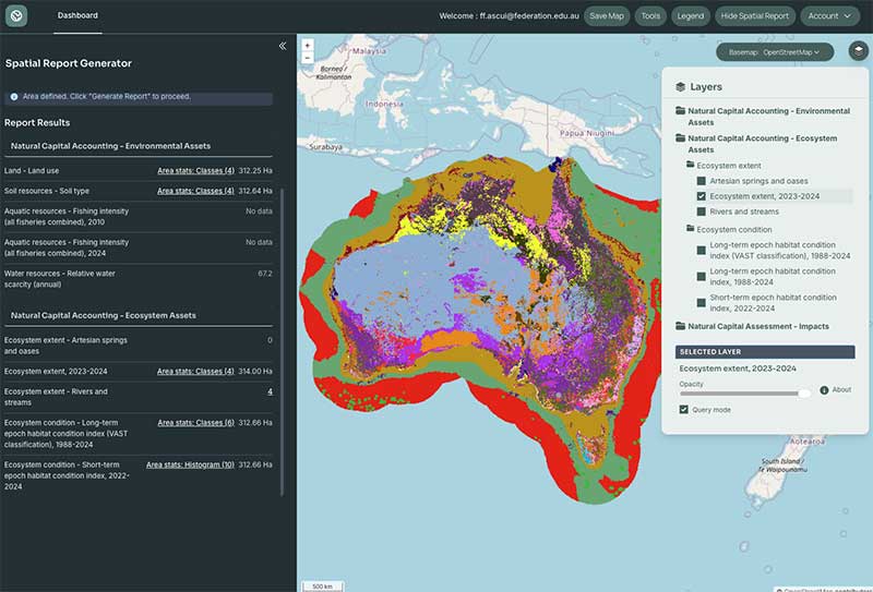NCMC - Data Visualisation Platform - Map view showing a selected layer such as Ecosystem extent and a spatial report summary results