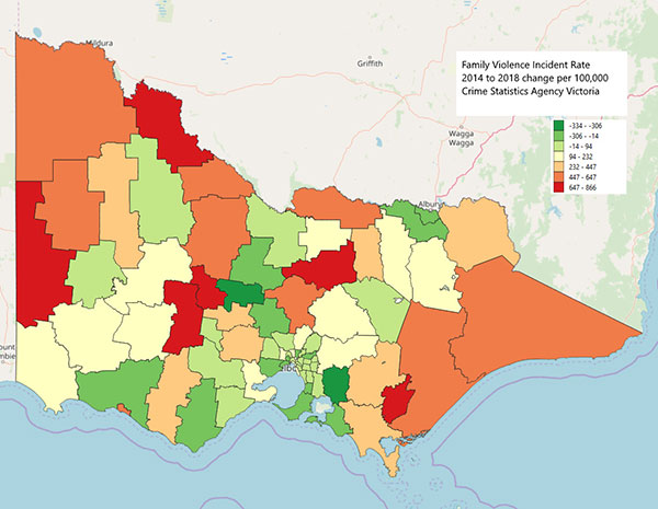 Family Violence Incident Rate 2014 to 2018 change per 100,000 Crime Statistics Agency Victoria