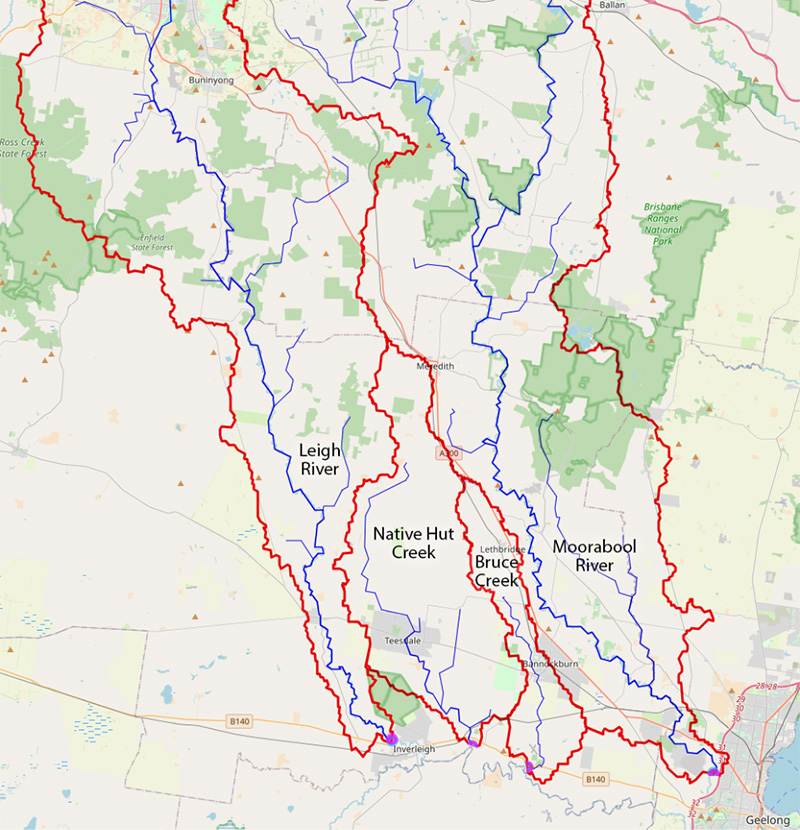 Corangamite region within the Leigh River, Native Hut Creek, Bruce Creek and Moorabool River catchments